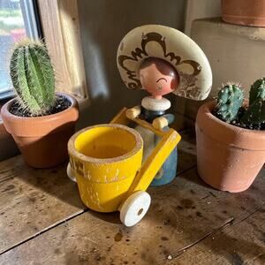 Vintage Wooden Figurine with Yellow Cart | Folk Art Style | Mid Century Nursery